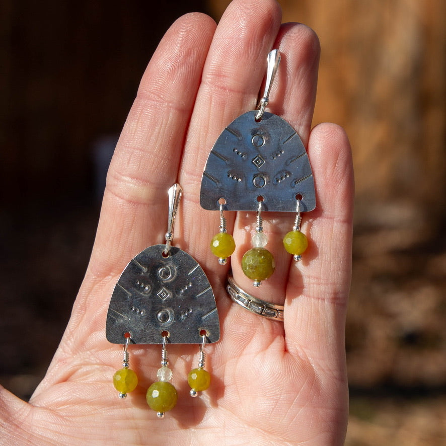 Jade Beaded Half Oval Stamped Sterling Silver Earrings