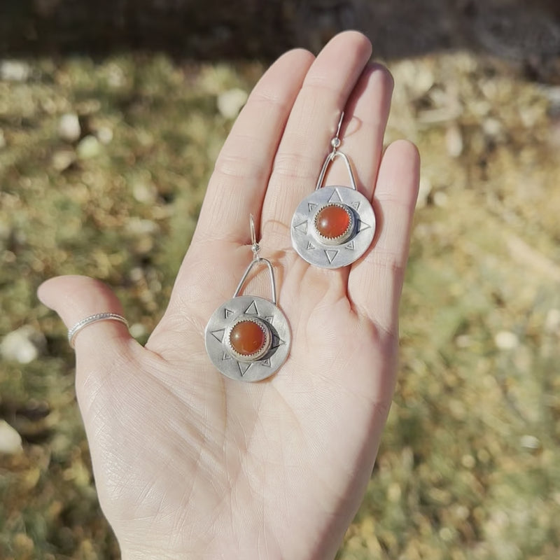 Carnelian Sterling Silver Stamped 1" Circle Earrings