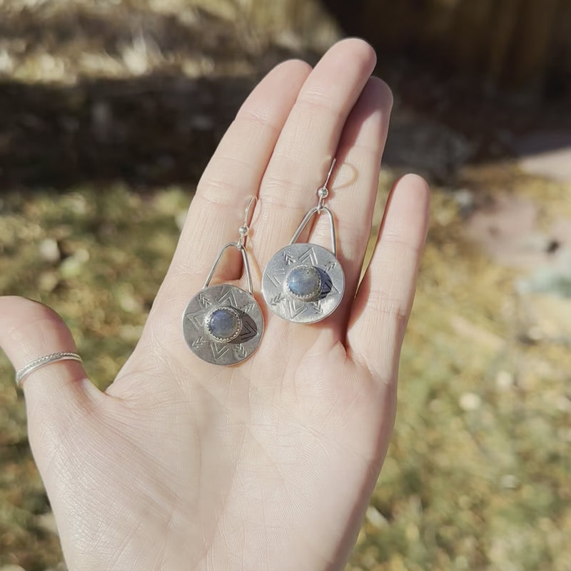 Labradorite Sterling Silver Stamped 7/8" Circle Earrings