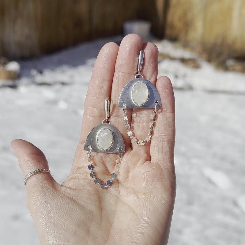 Moonstone Coin Chain Sterling Silver Dangle Earrings