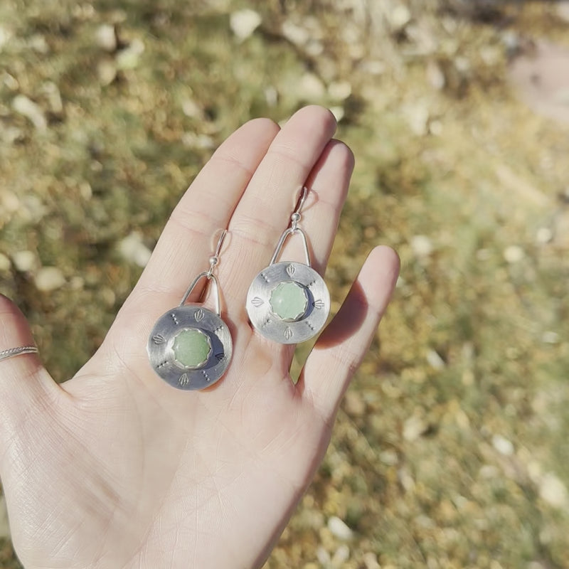 Aventurine Sterling Silver Stamped 1" Circle Earrings