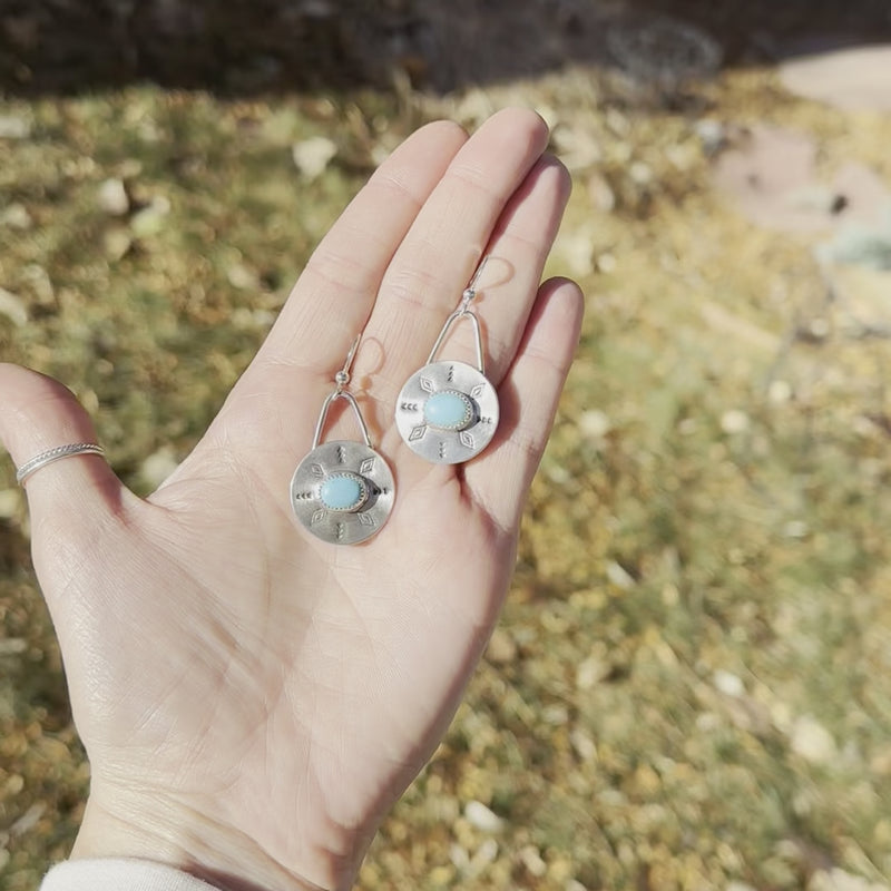 Kingman Turquoise Sterling Silver Stamped 7/8" Circle Earrings