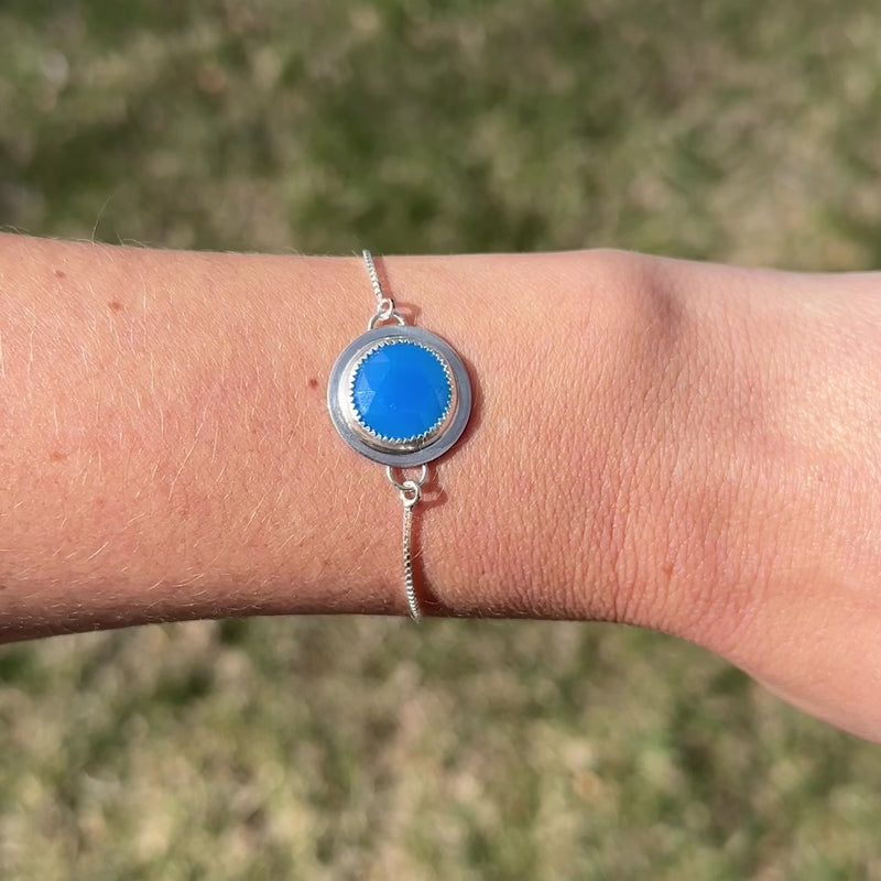 Electric Blue Chalcedony Sterling Silver Slider Bracelet - 7.5"